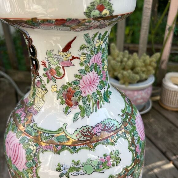 Large Antique Famille Rose Porcelain Vase Chinese Floral Figural Birds 18.5 Inch - Picture 14 of 16